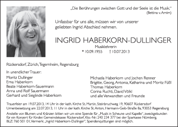Traueranzeige von Ingrid Haberkorn-Dullinger von Pegnitz-Zeitung